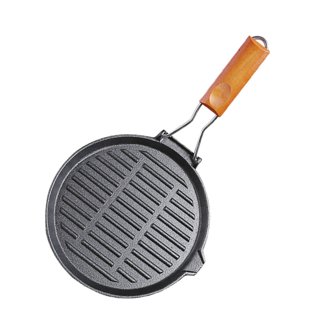 SOGA 24cm Round Ribbed Cast Iron Steak Frying Grill Skillet Pan with Folding Wooden Handle Soga