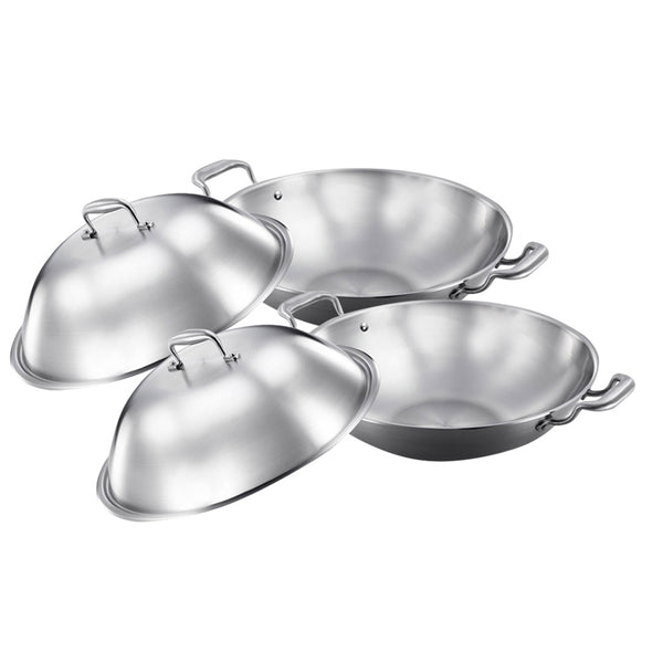 SOGA 2X 3-Ply 42cm Stainless Steel Double Handle Wok Frying Fry Pan Skillet with Lid Soga
