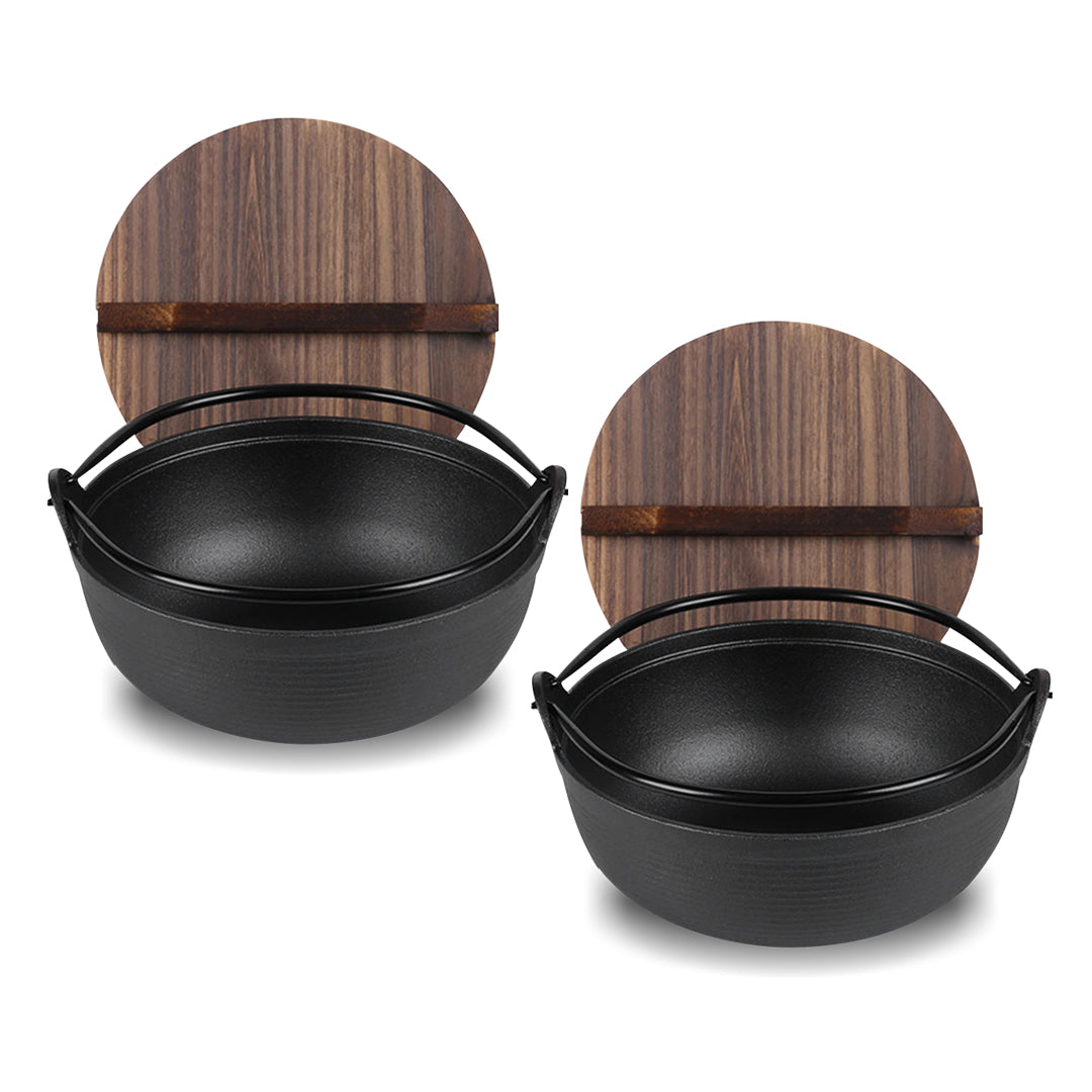 SOGA 2X 25cm Cast Iron Japanese Style Sukiyaki Tetsu Nabe Shabu Hot Pot with Wooden Lid Soga