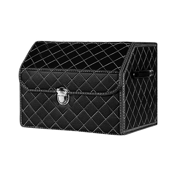 SOGA Leather Car Boot Collapsible Foldable Trunk Cargo Organizer Portable Storage Box Black/White Stitch with Lock Small Soga