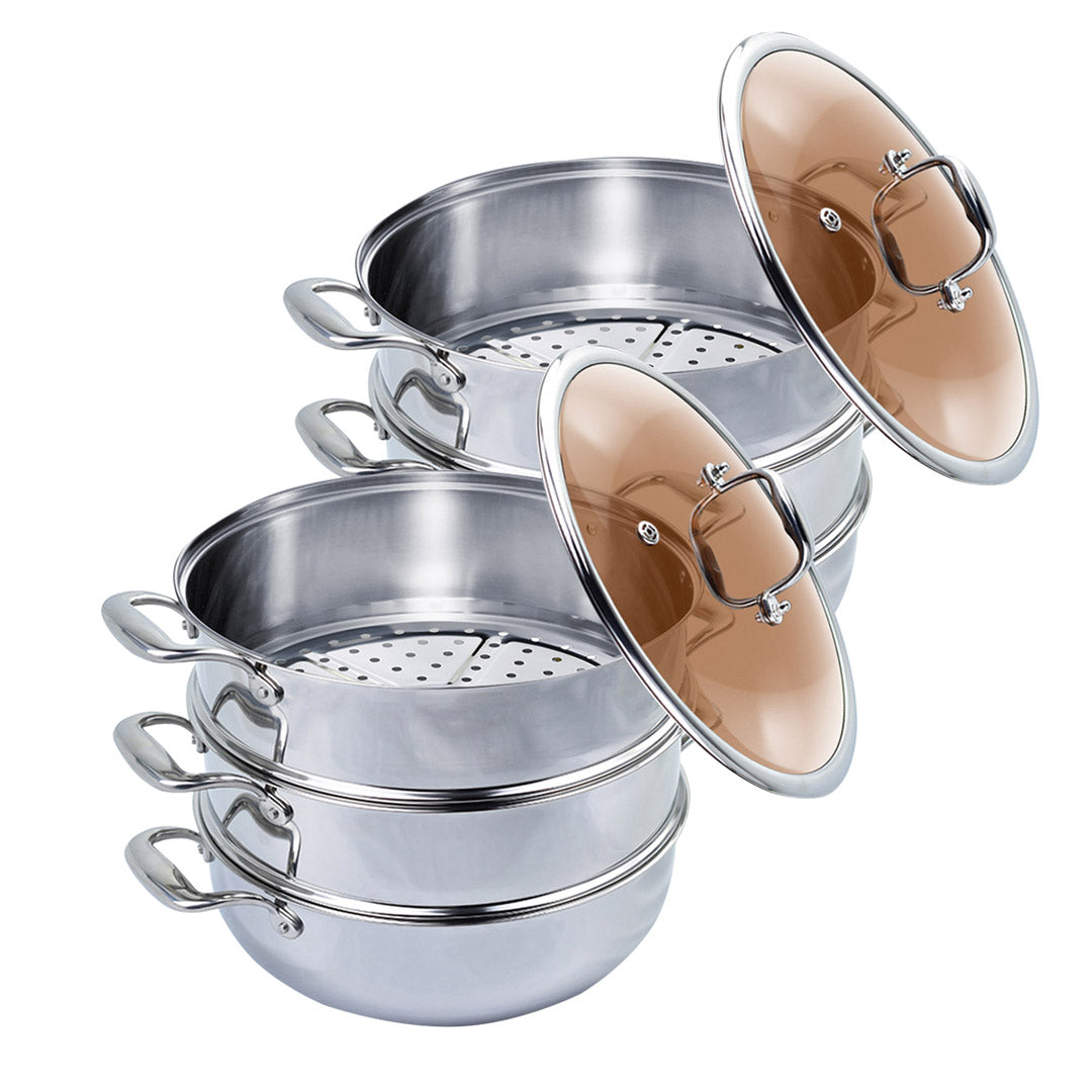 SOGA 2X 3 Tier 30cm Heavy Duty Stainless Steel Food Steamer Vegetable Pot Stackable Pan Insert with Glass Lid Soga