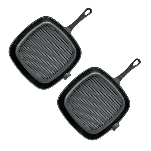 SOGA 2X 23.5cm Square Ribbed Cast Iron Frying Pan Skillet Steak Sizzle Platter with Handle Soga