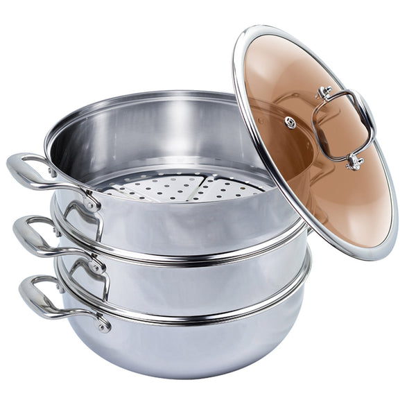 SOGA 3 Tier 30cm Heavy Duty Stainless Steel Food Steamer Vegetable Pot Stackable Pan Insert with Glass Lid Soga