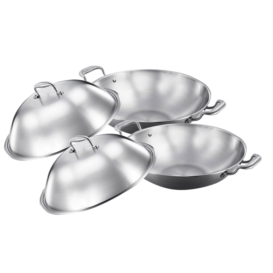 SOGA 2X 3-Ply 38cm Stainless Steel Double Handle Wok Frying Fry Pan Skillet with Lid Soga