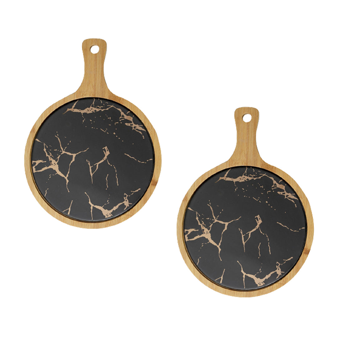 SOGA 2X 30cm Black Circle Wooden Serving Tray Slate Steak Serving Platter Chopping Board Paddle Home Decor Soga