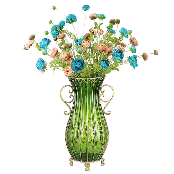 SOGA 51cm Green Glass Tall Floor Vase with 12pcs Artificial Fake Flower Set Soga