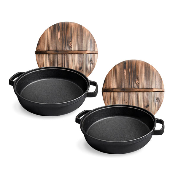 SOGA 2X 33cm Round Cast Iron Pre-seasoned Deep Baking Pizza Frying Pan Skillet with Wooden Lid Soga