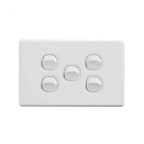 4C | Elegant Wall Switch 5 Gang 250V 16A - Horizontal - 10 Pack with 10 FREE C-Clips Deals499