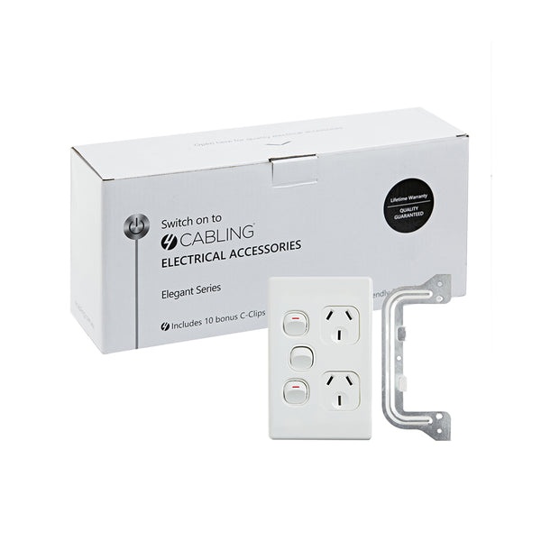 4C | Elegant Double Power Point 250V 10A with Extra Switch - Vertical - 10 Pack with 10 FREE C-Clips Deals499