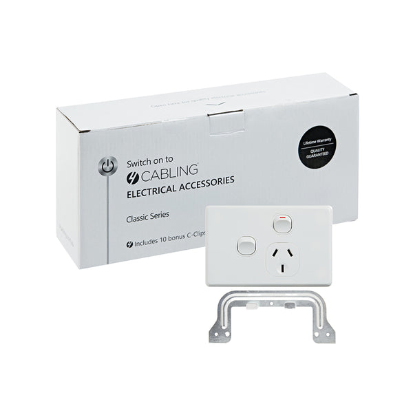 4C | Classic Single Power Point 250V 10A with 16AX Extra Switch - Horizontal - 10 Pack with 10 FREE C-Clips Deals499