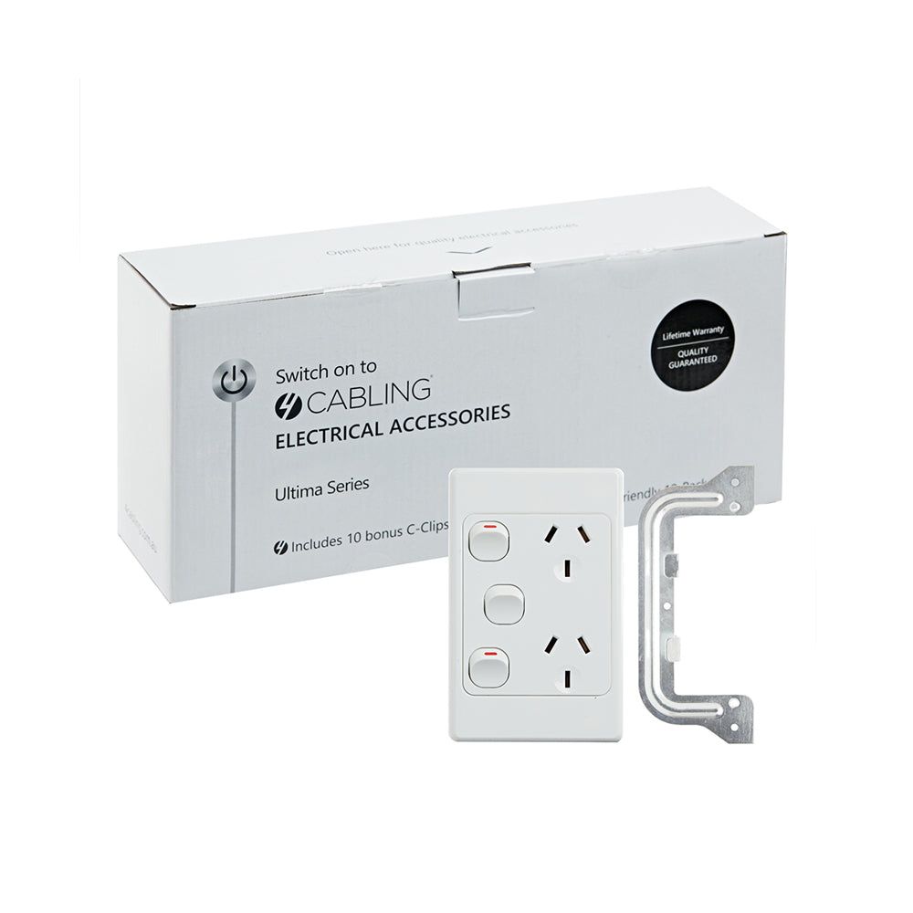 4C | Ultima Double Power Point 250V 10A with16AX Extra Switch - Vertical - 10 Pack with 10 FREE C-Clips Deals499
