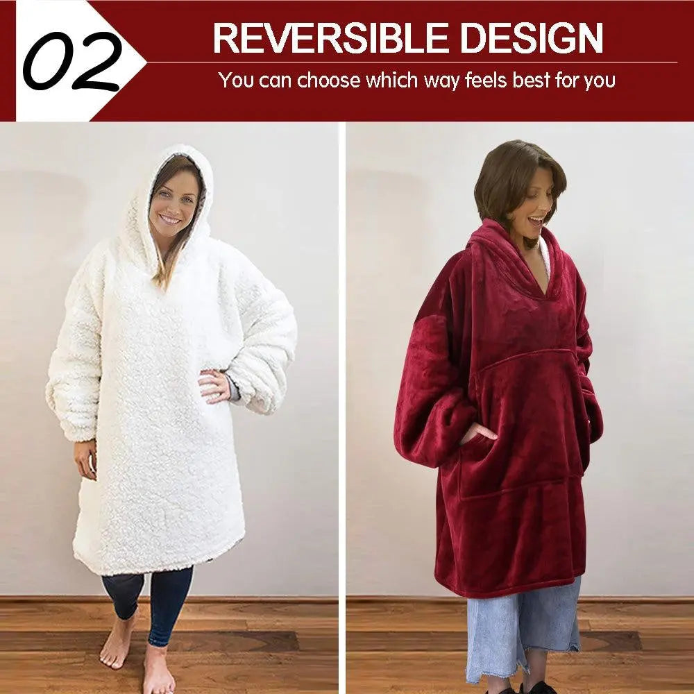 2 Pcs DreamZ Plush Fleece Sherpa Hoodie Sweatshirt Huggle Blanket Pajamas Red DreamZ