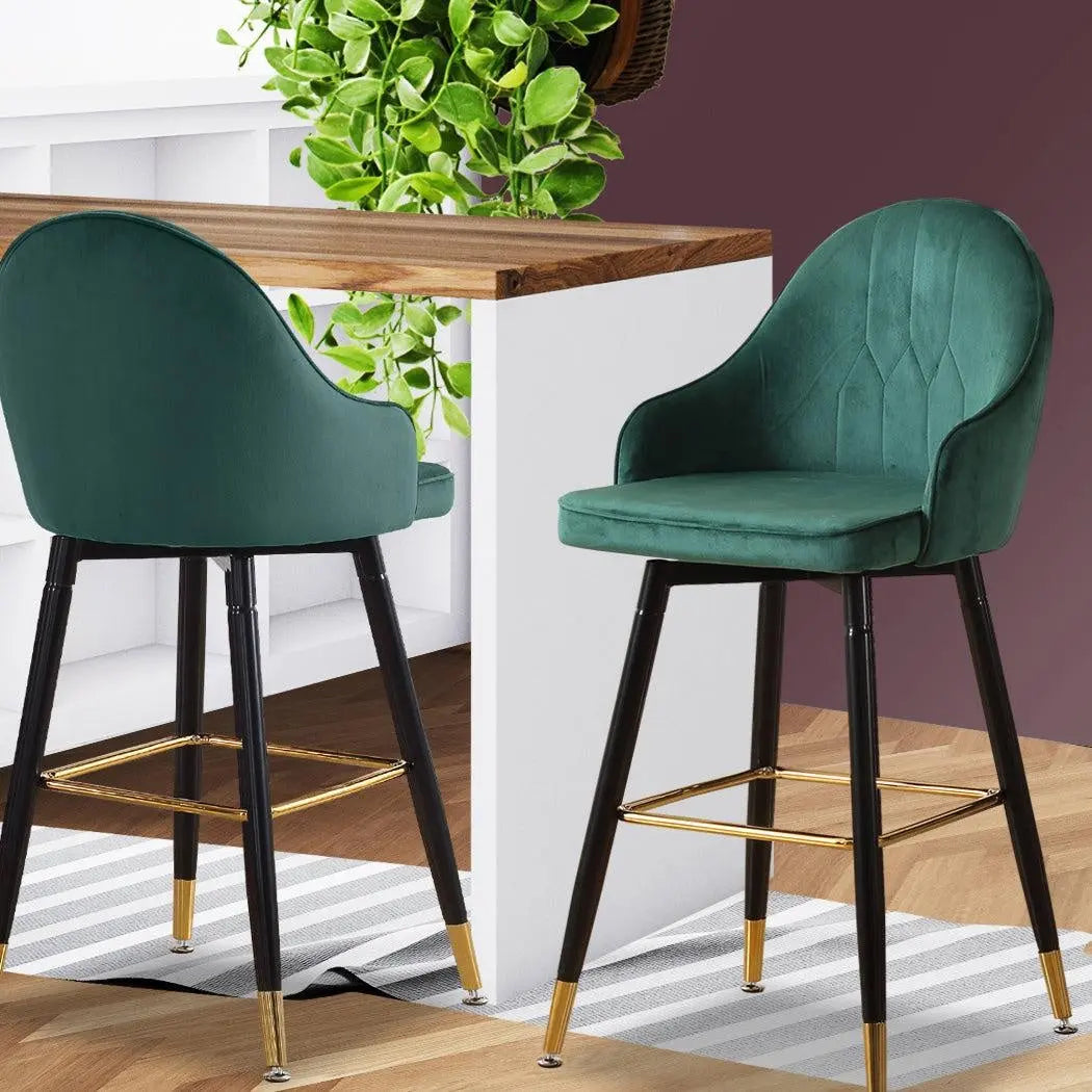2x Bar Stools Stool Kitchen Chairs Swivel Velvet Barstools Vintage Green Deals499