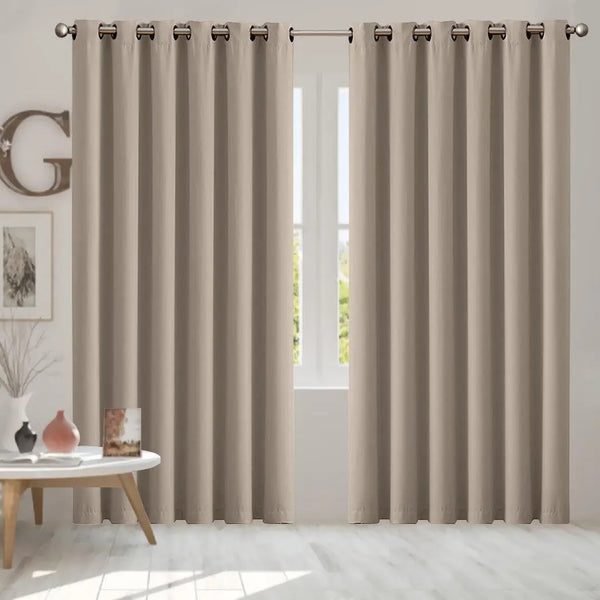 2x Blockout Curtains Panels 3 Layers Eyelet Room Darkening 240x230cm Beige Deals499