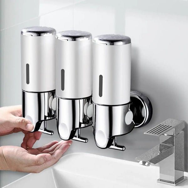3 Bottles Bathroom Shower Soap Shampoo Gel Dispenser Pump Wall 1500ml Silver Deals499