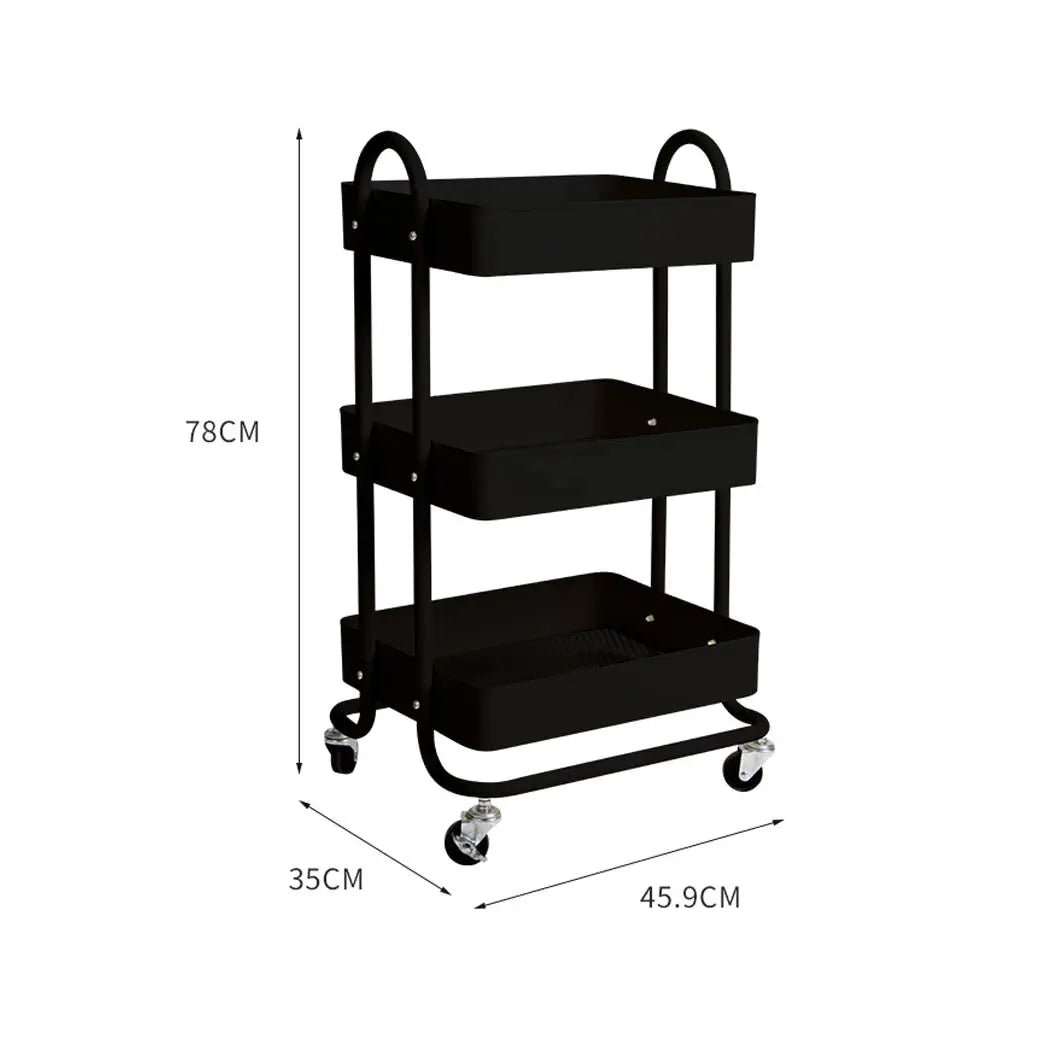 3 Tiers Kitchen Trolley Cart Steel Storage Rack Shelf Organiser Wheels Black Deals499