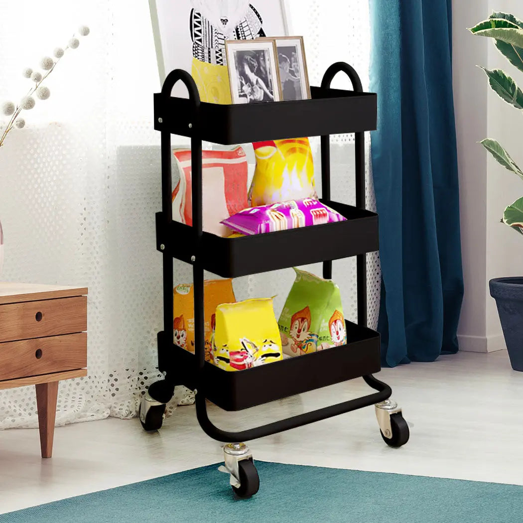 3 Tiers Kitchen Trolley Cart Steel Storage Rack Shelf Organiser Wheels Black Deals499