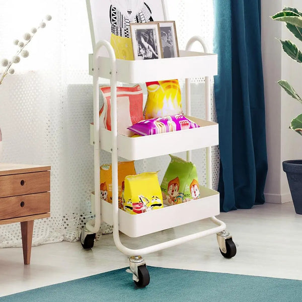 3 Tiers Kitchen Trolley Cart Steel Storage Rack Shelf Organiser Wheels White Deals499