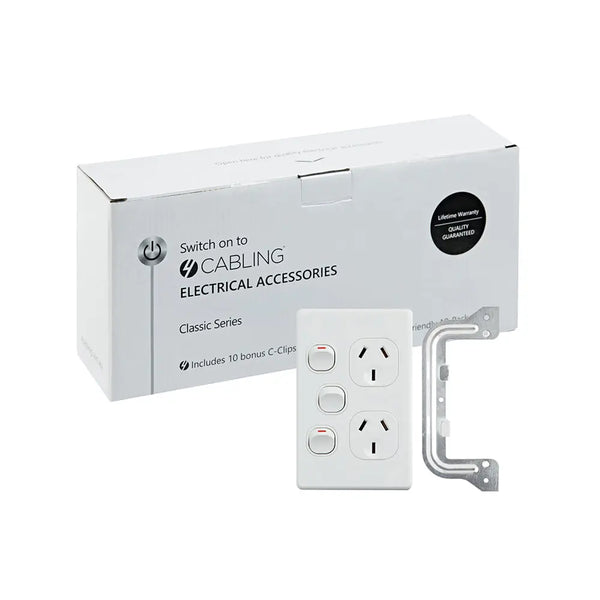 4C | Classic Double Power Point 250V 10A with 16AX Extra Switch - Vertical - 10 Pack with 10 FREE C-Clips Deals499