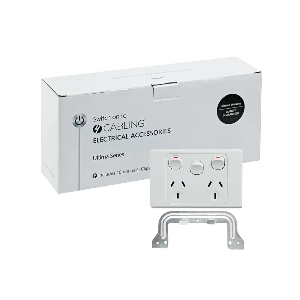 4C | Ultima Double Power Point 250V 10A with 16AX Extra Switch - Horizontal - 10 Pack with 10 FREE C-Clips Deals499