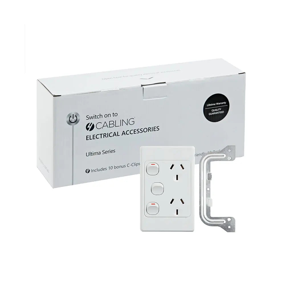 4C | Ultima Double Power Point 250V 10A with16AX Extra Switch - Vertical - 10 Pack with 10 FREE C-Clips Deals499