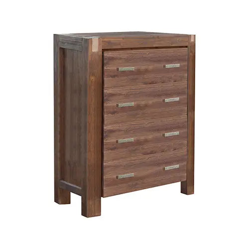 5 Pieces Bedroom Suite in Solid Wood Veneered Acacia Construction Timber Slat King Size Chocolate Colour Bed, Bedside Table , Tallboy & Dresser Deals499