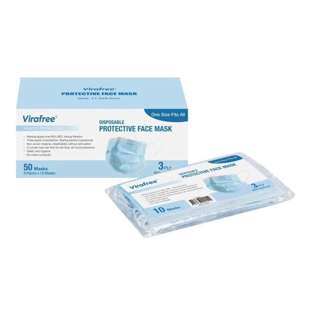 50 Pack Virafree® 3 Ply Disposable Protective Face Mask | Medical and Food grade Deals499