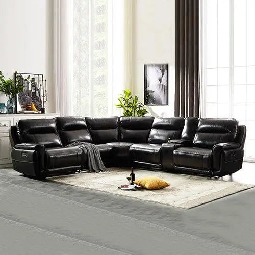 6 Seater Corner Sofa with Genuine Leather Black Armless Recliners Straight Console Lounge Set for Living Room Deals499
