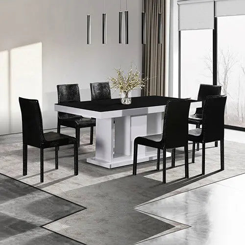 7 Pieces Dining Suite Dining Table & 6X Black Chairs in Rectangular Shape High Glossy MDF Wooden Base Combination of Black & White Colour Deals499