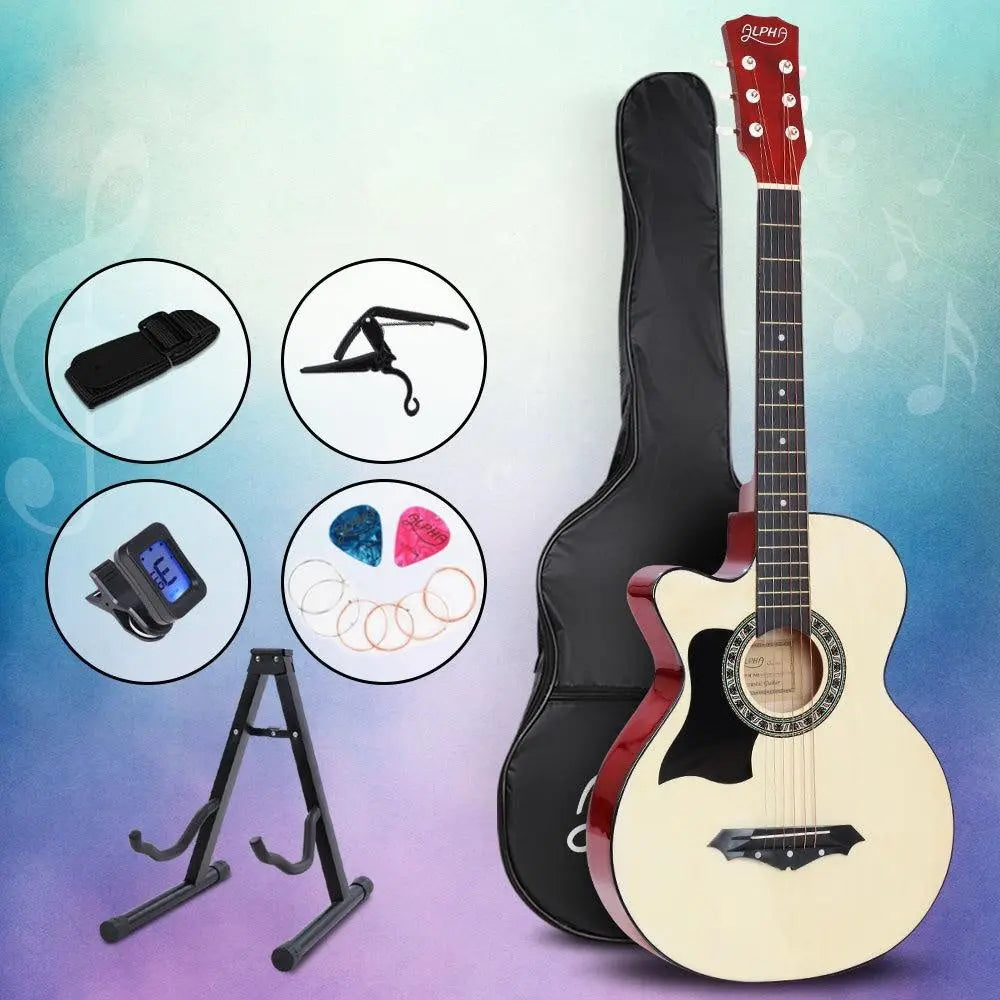 ALPHA 38 Inch Wooden Acoustic Guitar Left handed with Accessories set Natural Wood Deals499