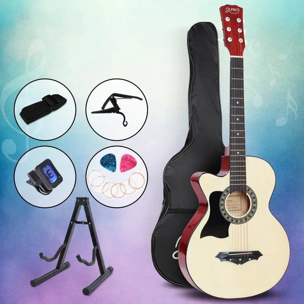 ALPHA 38 Inch Wooden Acoustic Guitar Left handed with Accessories set Natural Wood Deals499