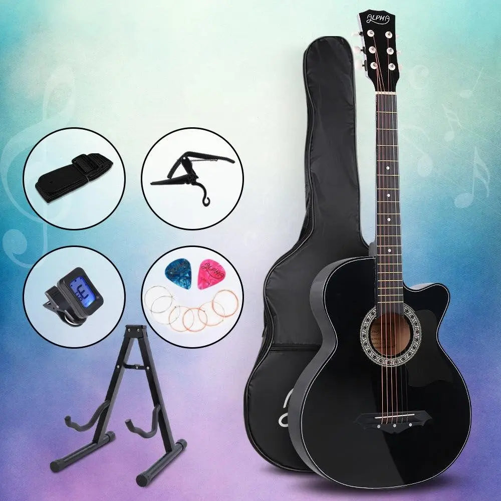 ALPHA 38 Inch Wooden Acoustic Guitar with Accessories set Black Deals499