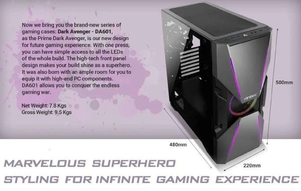 ANTEC DA601 ARGB control ATX, E-ATX Tempered Glass, 7x PCI, 2x 3.5' HDD, 4x 2.5' SSD, 1x 120mm ARGB fan. VGA 400mm, CPU Cooler 160mm Gaming Case ANTEC
