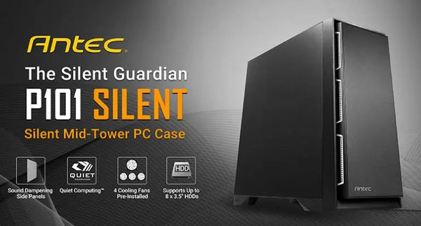 ANTEC P101 Silent ATX, E-ATX Case, 1x 5.25'Ext, 8x 3.5' HDD, 2x 2.5' SSD, VGA up to 450mm, CPU Height 180mm. PSU 290mm. Two Years Warranty ANTEC