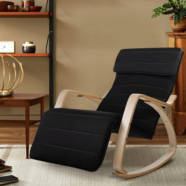 Artiss Fabric Rocking Armchair with Adjustable Footrest - Black Deals499