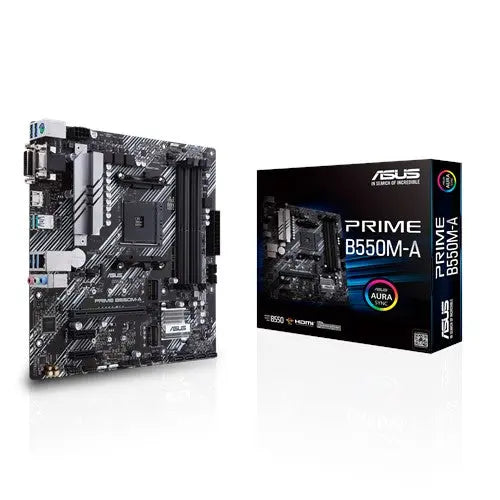 ASUS AMD B550 PRIME B550M-A (Ryzen AM4) mATX MB, Dual M.2, PCIe 4.0, 1Gb Ethernet, HDMI/D-Sub/DVI, SATA 6Gbps, USB 3.2 Gen 2 A, Aura Sync RGB ASUS