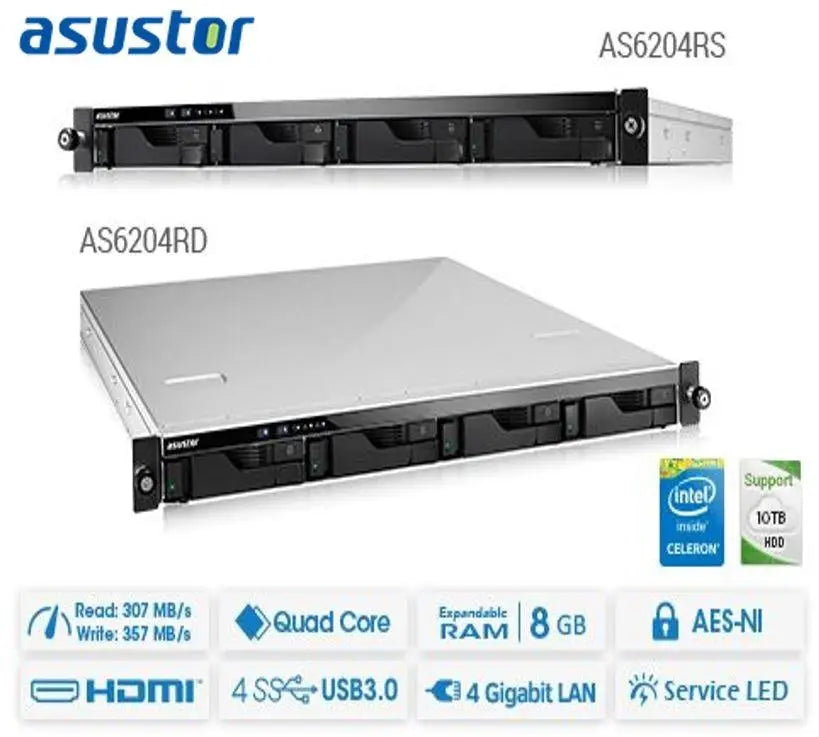 ASUSTOR AS6204RS 4 Bay 1U Rack single power NAS Intel Celeron Quad Core 1.6GHz 4GB DDR3L 4xGbE 3xUSB3.0 WoL Hardware encryption Virtualization ASUSTOR