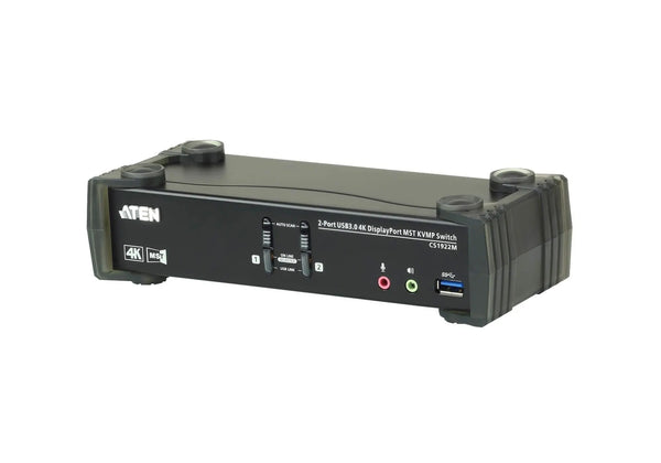 ATEN Desktop KVMP Switch 2 Port Single to Dual Display 4k DisplayPort MST w/ audio, Cables Included, 2x USB Port, Selection Via Front Panel ATEN