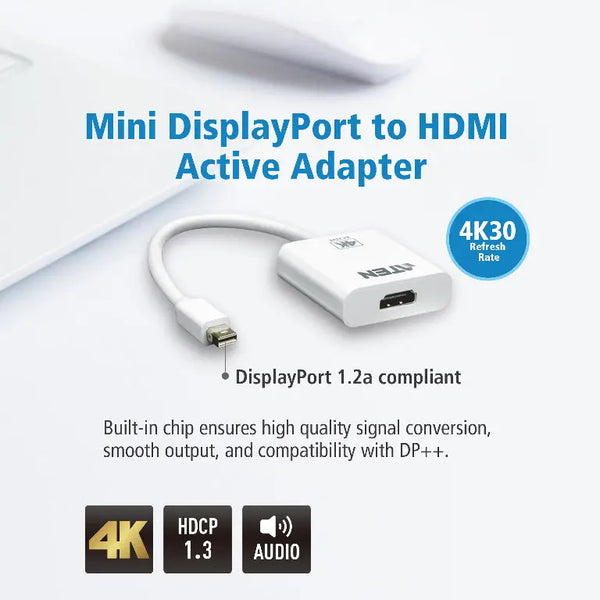 ATEN Mini DisplayPort(M) to HDMI(F) Active 4K2K Adapter -Premium series with EMI Shielding ATEN