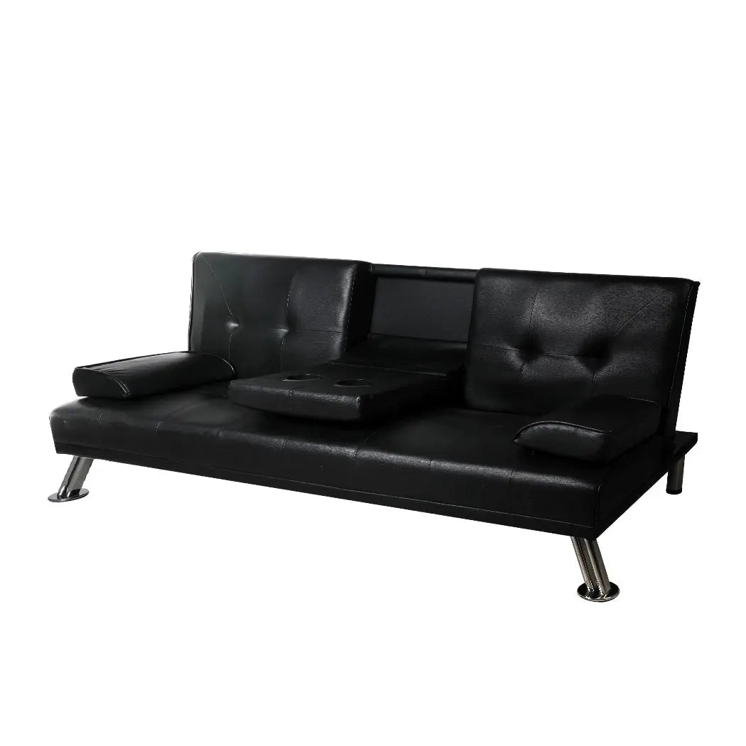 Adjustable Sofa Bed Lounge Futon Couch Leather Beds 3 Seater Cup Holder Recliner Black Deals499