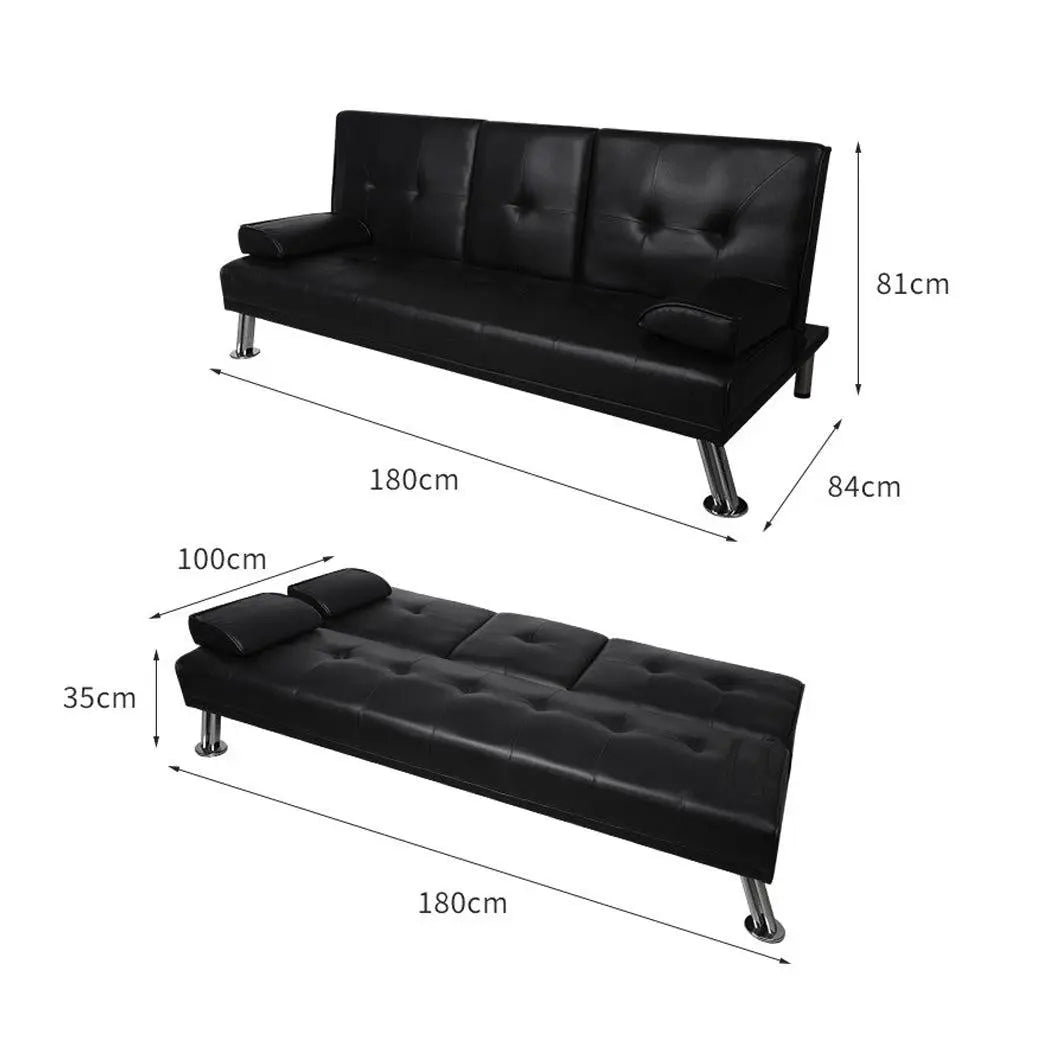 Adjustable Sofa Bed Lounge Futon Couch Leather Beds 3 Seater Cup Holder Recliner Black Deals499