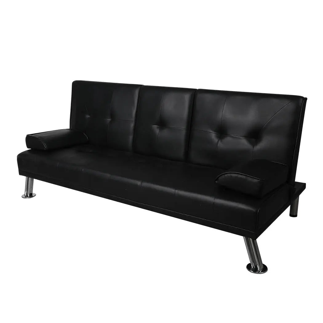 Adjustable Sofa Bed Lounge Futon Couch Leather Beds 3 Seater Cup Holder Recliner Black Deals499