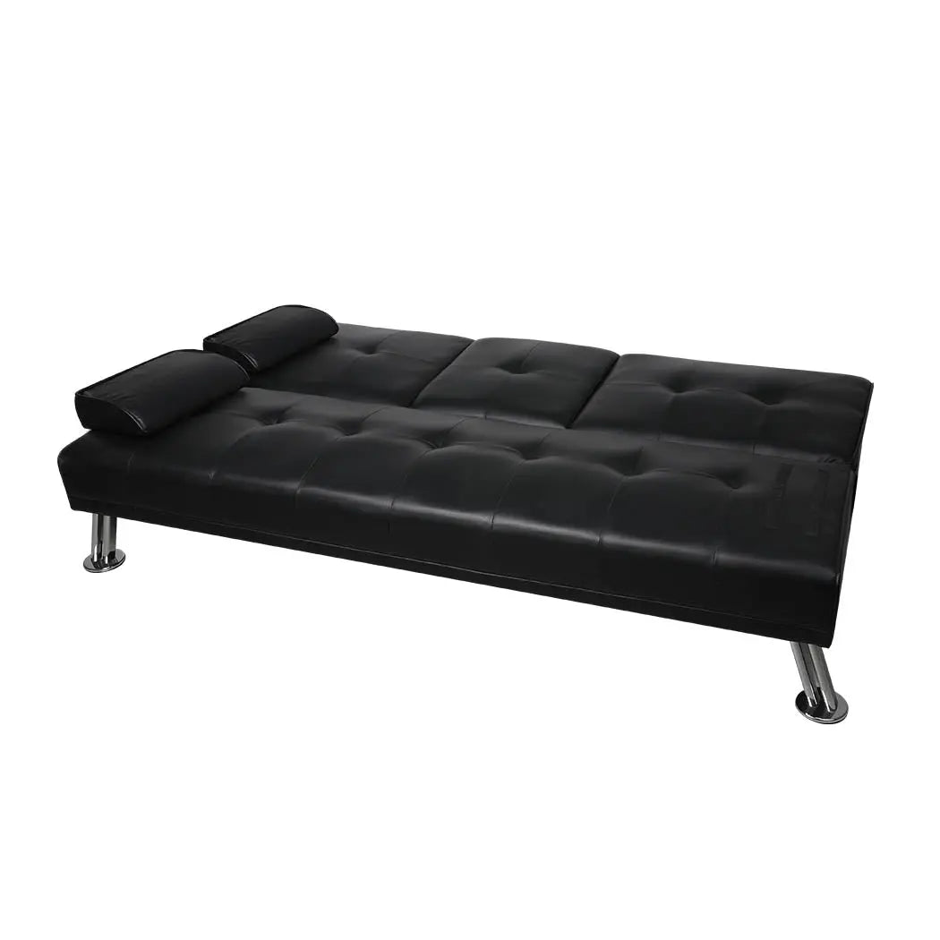 Adjustable Sofa Bed Lounge Futon Couch Leather Beds 3 Seater Cup Holder Recliner Black Deals499