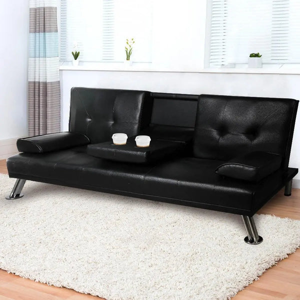 Adjustable Sofa Bed Lounge Futon Couch Leather Beds 3 Seater Cup Holder Recliner Black Deals499