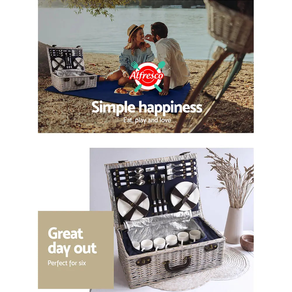 Alfresco 6 Person Picnic Basket Set Cooler Bag Wicker PU Fastening Straps Plates Deals499