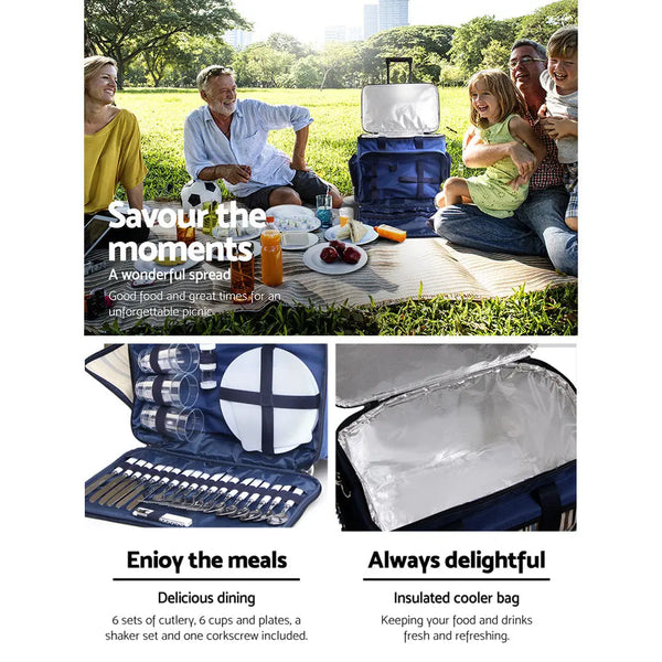 Alfresco 6 Person Picnic Basket Set Picnic Bag Cooler Wheels Insulated Bag Deals499