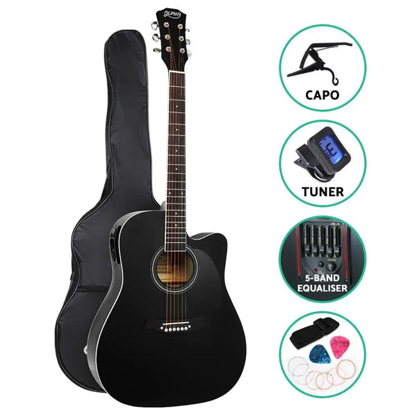 Alpha 41" Inch Electric Acoustic Guitar Wooden Classical Full Size EQ Capo Black Deals499