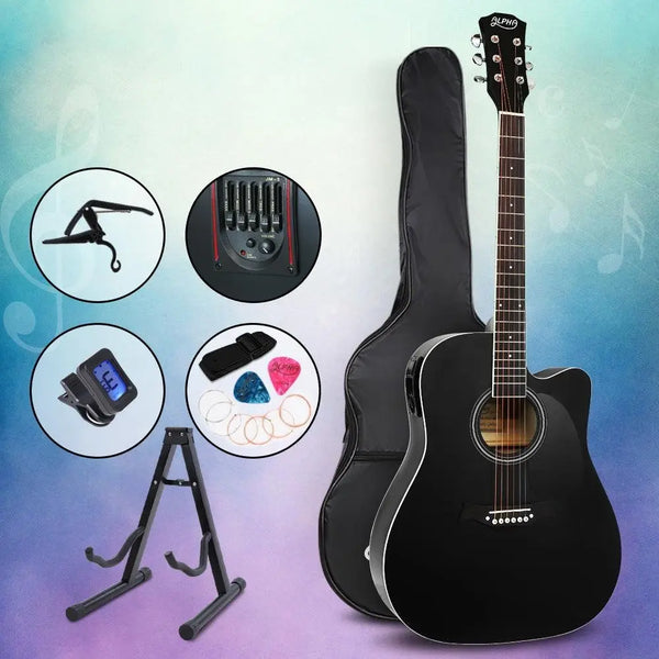 Alpha 41" Inch Electric Acoustic Guitar Wooden Classical Full Size EQ Capo Black Deals499