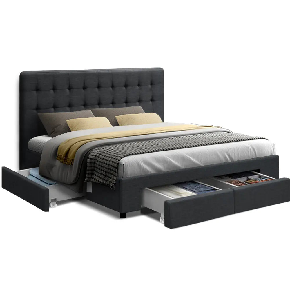 Artiss Avio Bed Frame Fabric Storage Drawers - Charcoal Double Deals499