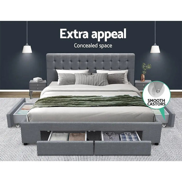 Artiss Avio Bed Frame Fabric Storage Drawers - Grey Queen Deals499